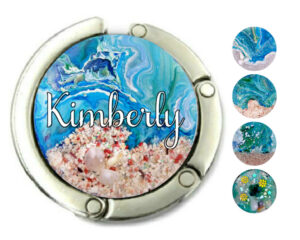 Custom name magnetic bag hanger, item sku PURH110, front view to show the design details, by terlis designs.