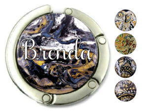 Custom name magnetic bag hook, item sku PURH334, front view to show the design details, by terlis designs.