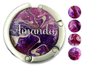 Custom name magnetic purse hanger, item sku PURH151, front view to show the design details, by terlis designs.