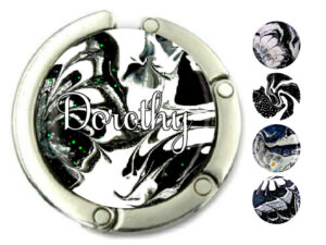 Custom name metal purse hanger, item sku PURH145, front view to show the design details, by terlis designs.