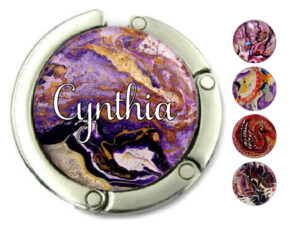Custom name purse hanger for desk, item sku PURH225, front view to show the design details, by terlis designs.