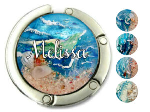 Custom name purse hanger for table, item sku PURH152, front view to show the design details, by terlis designs.