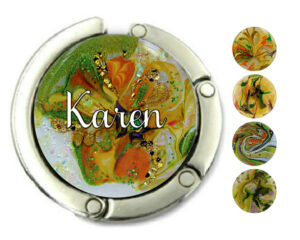 Custom name purse hook for bar, item sku PURH74, front view to show the design details, by terlis designs.