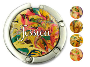 Custom name purse hook for desk, item sku PURH73, front view to show the design details, by terlis designs.