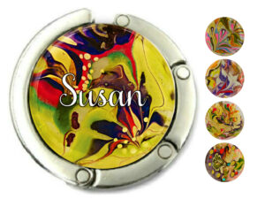 Custom name purse hook for table, item sku PURH72, front view to show the design details, by terlis designs.