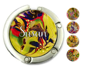 Custom name purse hook for table, item sku PURH72, front view to show the design details, by terlis designs.