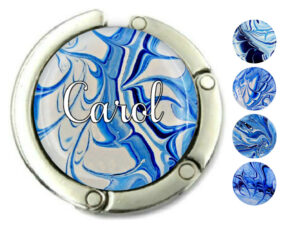 Custom name round purse hanger, item sku PURH148, front view to show the design details, by terlis designs.