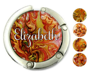 Custom name round purse hook, item sku PURH70, front view to show the design details, by terlis designs.
