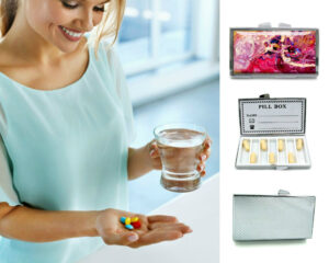 Daily Pill Holder - PILB96, being used by a woman holding a glass of water and her pills.