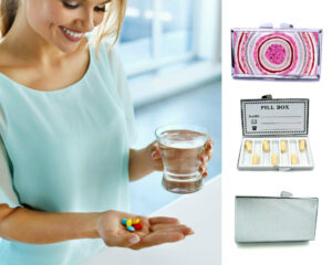 Discreet Pill Box - PILB134, being used by a woman holding a glass of water and her pills.