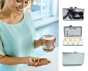 Discreet Pill Case - PILB187, being used by a woman holding a glass of water and her pills.