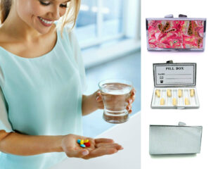 Discreet Pill Organizer - PILB61, being used by a woman holding a glass of water and her pills.