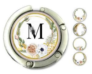 Initials Folding bag hanger, item sku PURH459, front view to show the design details, by terlis designs.