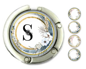 Initials metal bag hanger, item sku PURH460, front view to show the design details, by terlis designs.