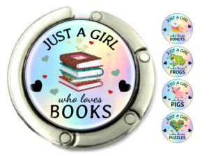 Just a girl who loves books purse holder for table, item sku PURH424, front view to show the design details, by terlis designs.