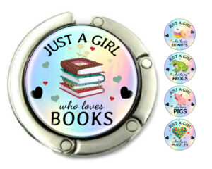 Just a girl who loves books purse holder for table, item sku PURH424, front view to show the design details, by terlis designs.