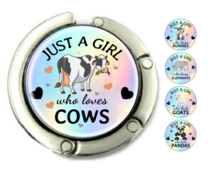 Just a girl who loves cows purse holder, item sku PURH421, front view to show the design details, by terlis designs.