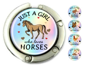 Just a girl who loves horses purse holder, item sku PURH419, front view to show the design details, by terlis designs.