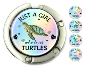 Just a girl who loves turtles purse holder, item sku PURH423, front view to show the design details, by terlis designs.