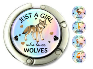 Just a girl who loves wolves purse holder, item sku PURH420, front view to show the design details, by terlis designs.