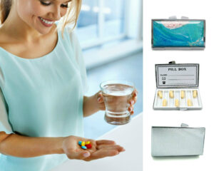 Medicine Pill Organizer - PILB188, being used by a woman holding a glass of water and her pills.