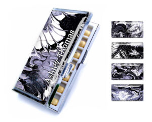 Metal Pill Box - PILB129 - main image, front view to show the design details, by terlis designs.