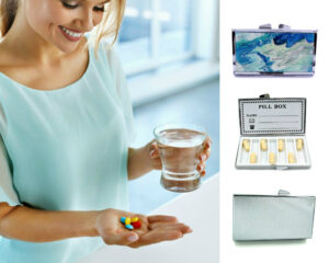 Ocean art Medicine Pill Holder - PILB68, being used by a woman holding a glass of water and her pills.