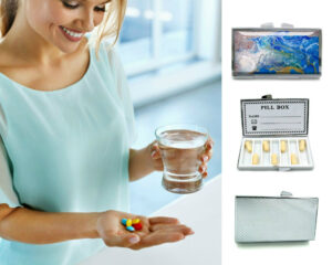 Ocean art Pill Case - PILB177, being used by a woman holding a glass of water and her pills.