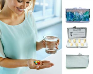 Ocean art Portable Pill Organizer - PILB60, being used by a woman holding a glass of water and her pills.