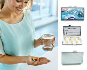 Portable Pill Case - PILB180, being used by a woman holding a glass of water and her pills.