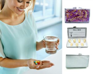 Travel Pill Organizer - PILB27, being used by a woman holding a glass of water and her pills.