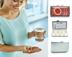 Vitamin Pill Box - PILB114, being used by a woman holding a glass of water and her pills.