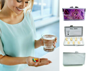 Vitamin Pill Organizer - PILB34, being used by a woman holding a glass of water and her pills.