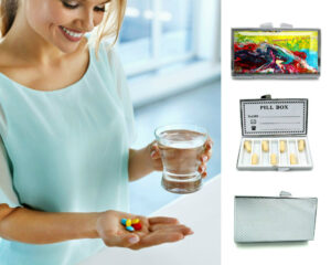 Weekly Pill Organizer - PILB24, being used by a woman holding a glass of water and her pills.