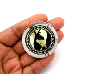 Yin Yang handbag hanger for restaurant, item sku PURH418G2A, laying on a woman's hand to show the size image by Terlis Designs.