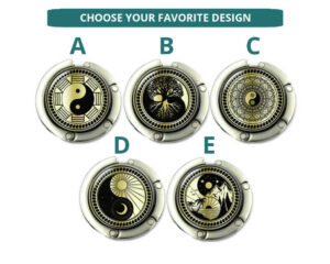 Yin yang purse hook for table, item sku PURH418G3, image Showing the Design(s) you can choose from. Created by Terlis Designs.