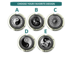 Yin yang purse hook for table, item sku PURH418S3, image Showing the Design(s) you can choose from. Created by Terlis Designs.
