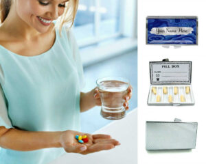 Custom Name 7 day Pill Container - PILB198, being used by a woman holding a glass of water and her pills.