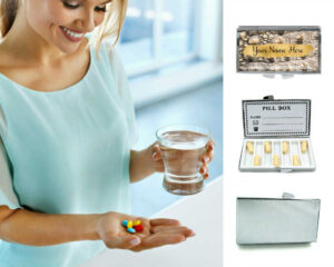 Custom Name 7 day pill dispenser - PILB447, being used by a woman holding a glass of water and her pills.