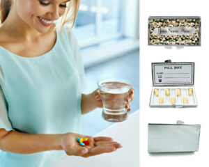 Custom Name Birth Control Pill Container - PILB203, being used by a woman holding a glass of water and her pills.