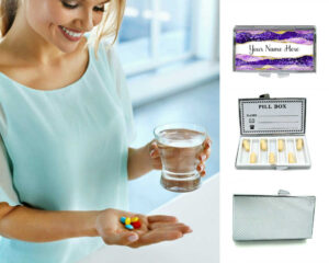Custom Name Birth Control Pill Holder - PILB191, being used by a woman holding a glass of water and her pills.