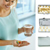 Custom Name Birth Control pill dispenser - PILB452, being used by a woman holding a glass of water and her pills.