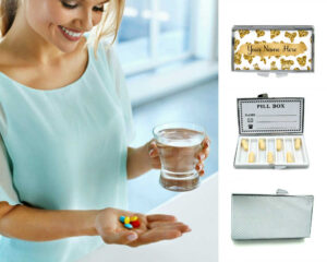 Custom Name Birth Control pill dispenser - PILB452, being used by a woman holding a glass of water and her pills.