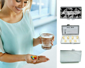 Custom Name Cute pill dispenser - PILB454, being used by a woman holding a glass of water and her pills.