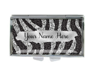 Custom Name Cute pill dispenser - PILB454A - variation image, front view to show the design details, by terlis designs.