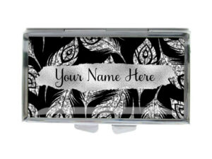 Custom Name Cute pill dispenser - PILB454B - variation image, front view to show the design details, by terlis designs.