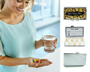 Custom Name Daily pill dispenser - PILB450, being used by a woman holding a glass of water and her pills.