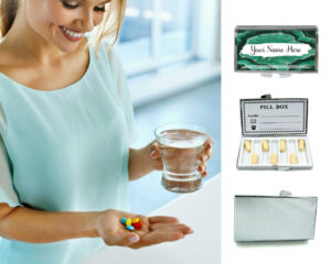 Custom Name Discreet Pill Holder - PILB196, being used by a woman holding a glass of water and her pills.