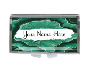 Custom Name Discreet Pill Holder - PILB196B - variation image, front view to show the design details, by terlis designs.