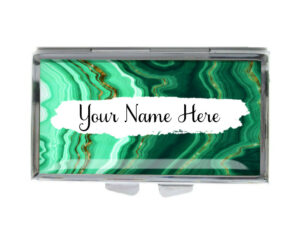 Custom Name Discreet Pill Holder - PILB196C - variation image, front view to show the design details, by terlis designs.